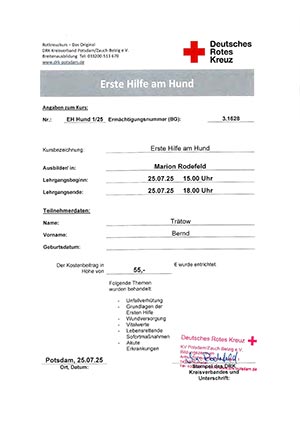 Teilnahmebescheinigung Erste Hilfe am Hund